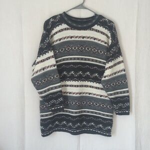 Dana Scott Grey White Fair Isle Print Crewneck Sweater Size Medium